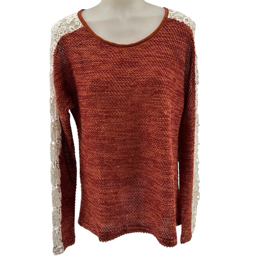 A'Reve Sz S Brown and Cream Crew Neck Sweater with Fine Knit sheer Back w/Bow
